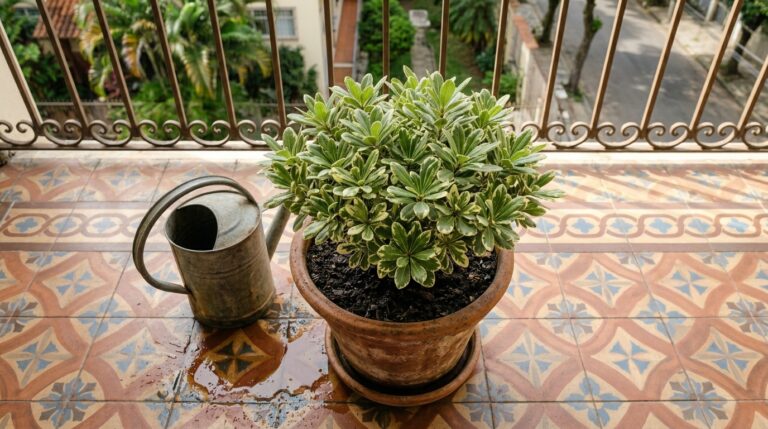 Vaso de barro com planta de folhas verdes com bordas claras sobre piso de ladrilho decorado, ao lado de um regador metálico com água derramada.