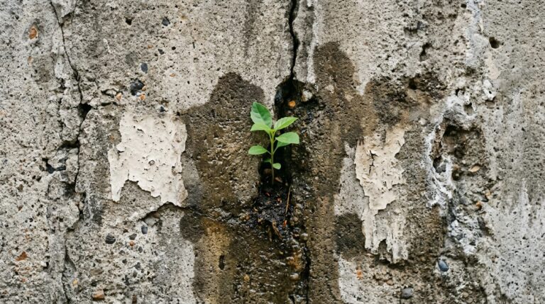 Pequena planta verde brotando de uma rachadura vertical úmida em um muro de concreto cinza com restos de tinta branca descascada.