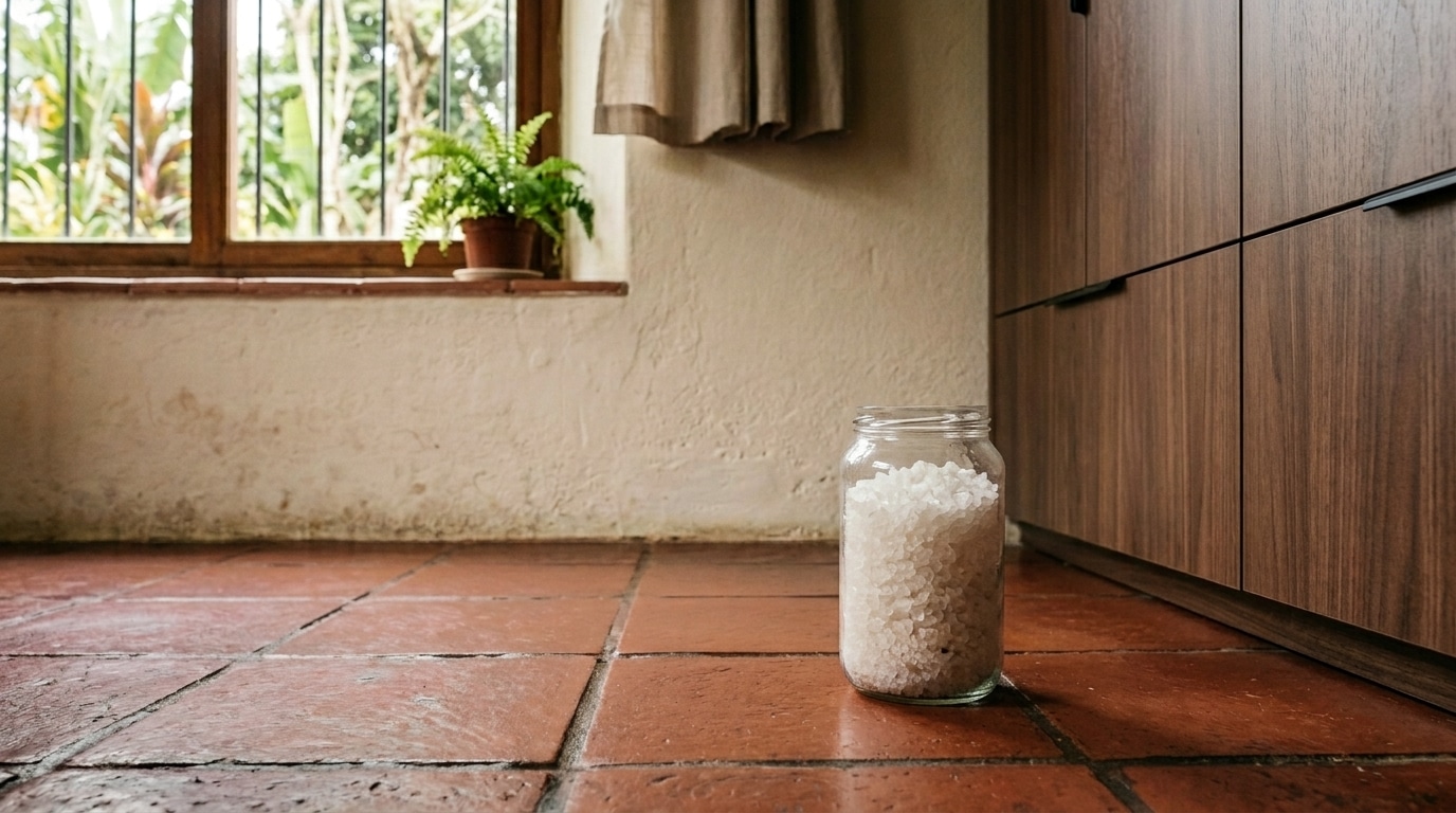 O copo de sal grosso no canto do quarto que seca o ar úmido e segura o mofo