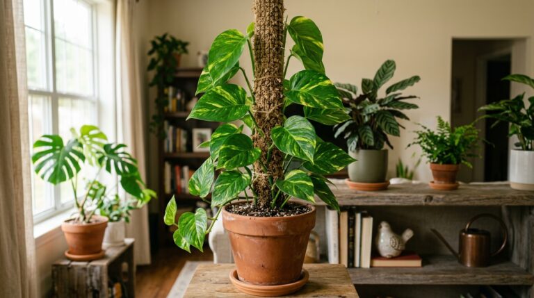 Uma planta jibóia alta e volumosa de folhas variegadas em tons de verde e amarelo, crescendo verticalmente abraçada a um tutor rústico de musgo. A planta está acomodada em um vaso clássico de terracota sobre um móvel de madeira bruta. Ao fundo, uma sala de estar bem iluminada com estante de livros, poltrona e diversas outras folhagens tropicais.
