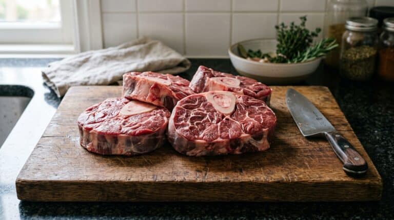 Quatro fatias espessas de ossobuco bovino cru com tutano aparente, dispostas sobre uma tábua de corte de madeira rústica. Uma faca de chef está ao lado, com ervas frescas desfocadas ao fundo.