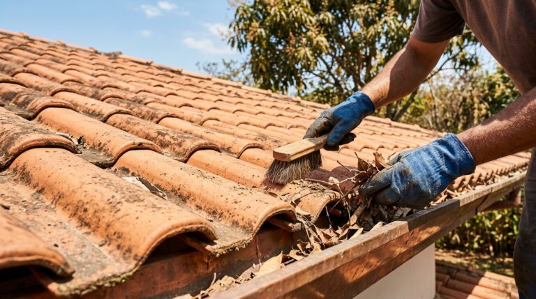 Homem usando luvas azuis limpando folhas secas e sujeira de um telhado de telhas de barro e de uma calha, utilizando uma escova de cerdas duras em um dia ensolarado.