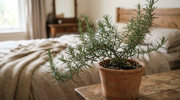 Planta de alecrim com pequenas flores azuis cultivada em um vaso de cerâmica sobre um móvel de madeira, com uma cama aconchegante desfocada ao fundo.
