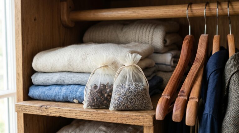 Dois pequenos sachês de tule sobre uma prateleira de madeira de um guarda-roupa. O primeiro contém cravos-da-índia e o segundo, lavanda seca. Ao fundo, pilhas de blusas de frio dobradas e cabides de madeira.
