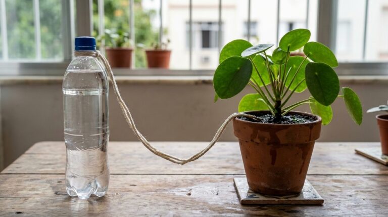 Garrafa de água transparente em pé conectada por um barbante grosso à terra de um pequeno vaso de barro com uma planta Pilea.