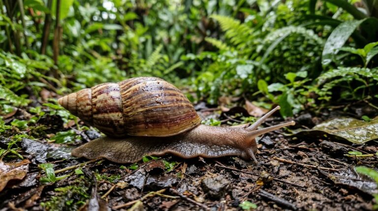 Um grande caramujo com concha cônica marrom de listras claras rastejando sobre o solo úmido coberto por folhas secas e terra. Ao fundo, vegetação densa e verde desfocada.