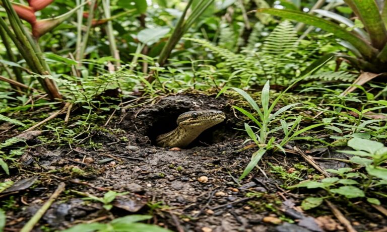 Um buraco profundo e completamente escuro cavado diretamente na terra do jardim. A entrada da toca é cercada por raízes de árvores expostas, galhos finos, folhas secas e capim verde, que ajudam a camuflar o acesso.