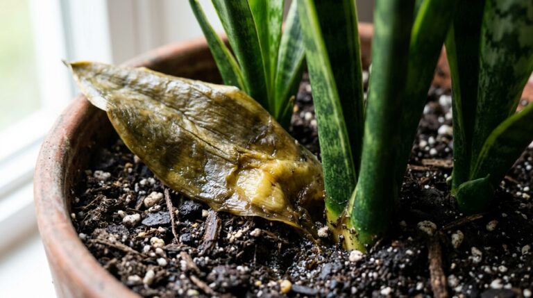 Fotografia em close-up na base de uma Espada-de-São-Jorge plantada na terra. Uma das folhas está tombada, apresentando um aspecto amarelado, translúcido e textura mole, em contato direto com o solo visivelmente encharcado.