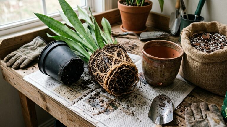 Uma Espada-de-São-Jorge volumosa em um vaso de cerâmica bege sobre uma mesa de madeira, posicionada ao lado de uma porta de vidro. As folhas centrais estão eretas, mas diversas folhas laterais estão tombadas e caídas para fora do vaso.