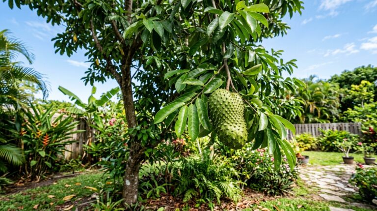 Uma graviola grande e verde, com sua característica casca espinhosa, pendurada no galho de uma árvore frondosa. O cenário exibe um jardim tropical denso com gramado, um caminho de pedras irregulares, cerca de madeira e céu azul vibrante.