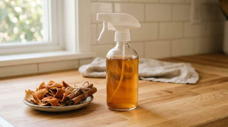 Frasco de vidro transparente com borrifador branco contendo líquido âmbar, posicionado sobre um balcão de madeira lisa. Ao lado, um prato de cerâmica exibe cascas de laranja secas e paus de canela amarrados com sisal. Fundo com azulejos brancos e janela.
