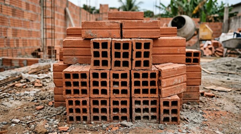 Uma pilha organizada de tijolos cerâmicos vazados (conhecidos como tijolo baiano) sobre o solo de terra rústico. Ao fundo, de forma levemente desfocada, aparecem uma betoneira e paredes em fase de elevação.