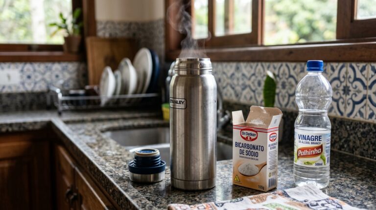 Garrafa térmica de inox destampada sobre a bancada de granito, emitindo uma fumaça visível de vapor quente. Ao lado do utensílio, estão organizados uma caixa de bicarbonato de sódio e uma garrafa de vinagre de álcool branco.