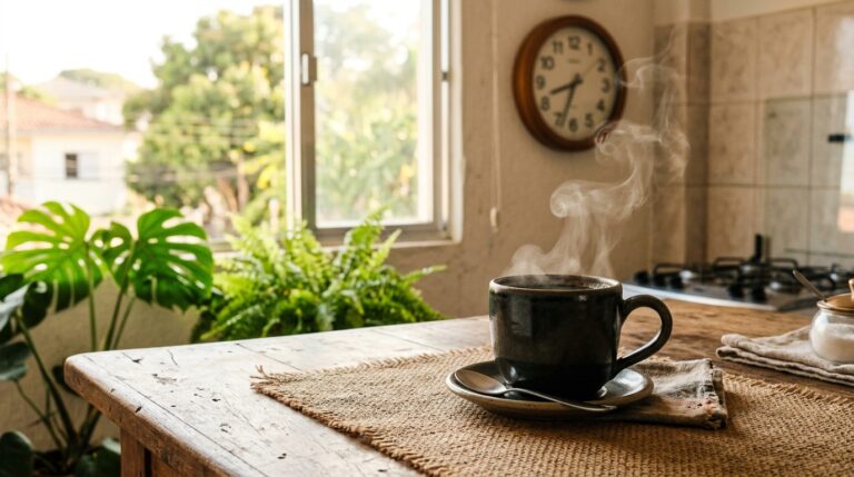 Uma xícara de café de cerâmica escura fumegante com um pires e uma colher sobre um jogo americano de juta rústico em uma mesa de madeira texturizada. Ao fundo, uma janela de cozinha mostra um jardim ensolarado e verdejante, com plantas como Monstera e samambaia. Um relógio de parede redondo de madeira está na parede.