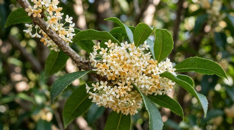 Imagem em macro de um galho rústico de Jasmim-do-imperador cercado por folhas verdes e um cacho denso de pequenas flores delicadas em tons de branco e amarelo-claro.