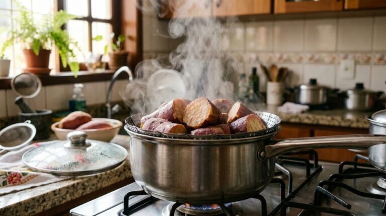 Panela de aço inoxidável em um fogão a gás acoplada a um cesto perfurado de cozimento a vapor. Dentro, grossas fatias de batata-doce com casca roxa recebem o calor de uma densa nuvem de vapor. Ao fundo, bancada de granito com uma tigela contendo batatas cruas e uma janela bem iluminada.
