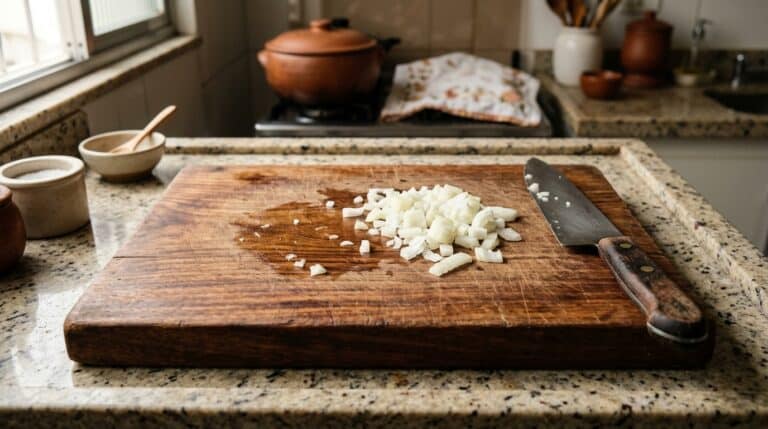 Tábua de madeira rústica com marcas de uso sobre bancada de granito, contendo cebola branca picada e uma faca de chef com cabo de madeira.