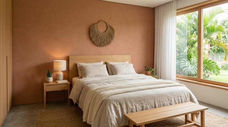 Quarto iluminado com parede de destaque na cor terracota rústica, cama de madeira com enxoval de linho bege, tapete de juta e ampla janela com vista para folhagens tropicais.