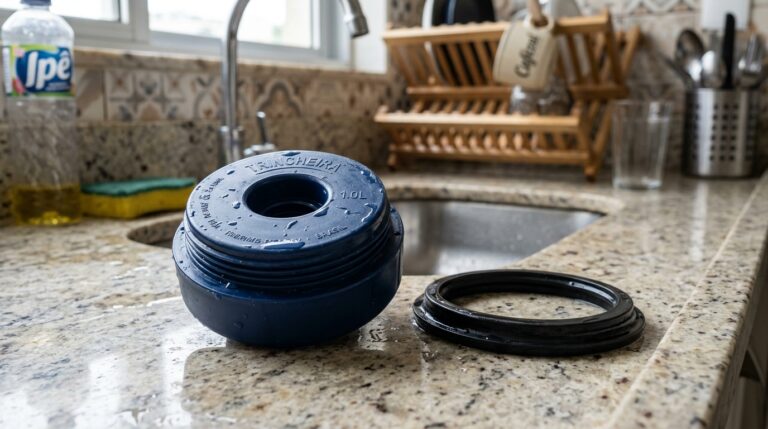 Tampa azul de garrafa térmica desmontada sobre uma bancada de granito molhada. O anel de borracha preta de vedação foi removido e está posicionado ao lado da rosca plástica para higienização detalhada