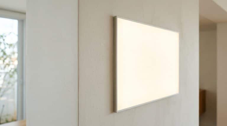 Detalhe de um painel de iluminação retangular, muito fino e de bordas metálicas claras, instalado diretamente sobre uma parede branca, emitindo uma luz amarelada e uniforme.