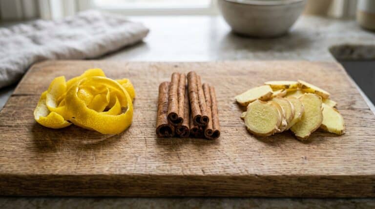 Tábua de corte rústica de madeira exibindo três ingredientes naturais organizados lado a lado: cascas amarelas de limão à esquerda, paus de canela empilhados ao centro e fatias de gengibre fresco à direita.