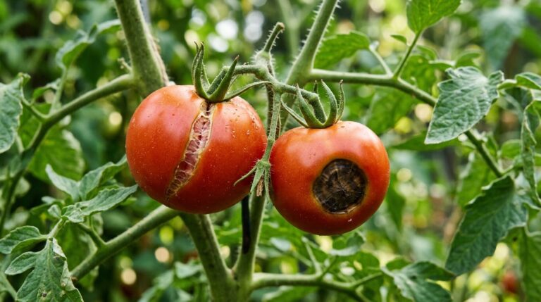 Dois tomates vermelhos ainda presos à rama verde de um tomateiro. O tomate da esquerda apresenta uma rachadura vertical profunda e exposta na casca. O tomate da direita exibe uma grande mancha circular, escura e necrótica na base, característica da podridão apical. Fundo natural desfocado.
