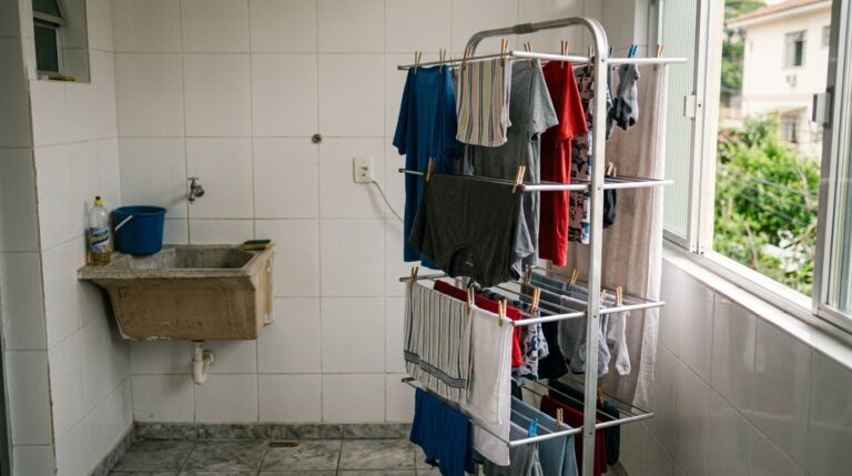 Varal de chão vertical de alumínio com três andares cheio de roupas e toalhas estendidas ao lado de uma grande janela aberta em uma lavanderia simples.