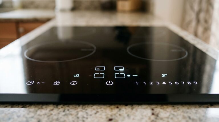 Close-up em ângulo baixo de uma placa de vidro preto espelhado. Sob a superfície lisa, ícones geométricos luminosos e uma sequência de números de 1 a 9 brilham em LED branco e nítido. O fundo exibe uma bancada de granito claro em desfoque suave.