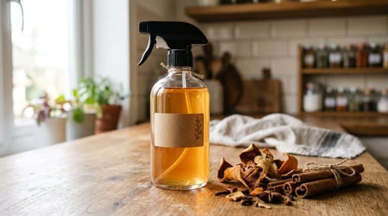 Borrifador de vidro com gatilho preto e rótulo de papel kraft liso apoiado em uma mesa de madeira rústica. Em torno da base, estão espalhados paus de canela amarrados, anis-estrelado, cravos e cascas secas de tangerina. Fundo desfocado mostrando prateleiras de cozinha.