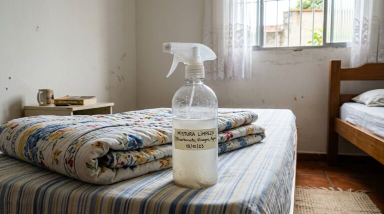 Um frasco borrifador transparente contendo um líquido turvo com uma etiqueta escrita 'MISTURA LIMPEZA (Bicarbonato, Vinagre, Água) 18/10/23'. O frasco está apoiado sobre uma cama de estrado de madeira com um edredom de estampa floral dobrado ao fundo, em um quarto iluminado pela janela.