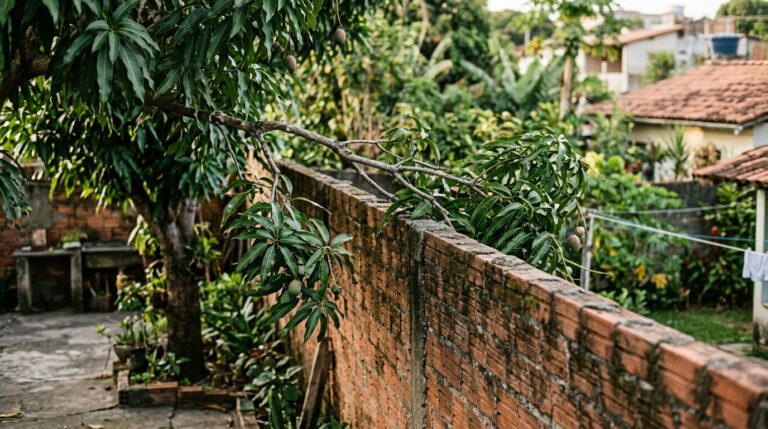 Galho comprido de uma mangueira repleto de folhas verdes cruzando por cima de um muro divisório de tijolos aparentes, invadindo o espaço do quintal vizinho.