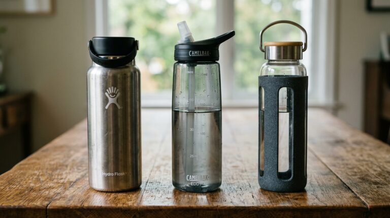 Três garrafas de água sobre uma mesa de madeira: uma térmica de inox escovado, uma de plástico fumê com canudo e uma de vidro com capa protetora de silicone escuro.