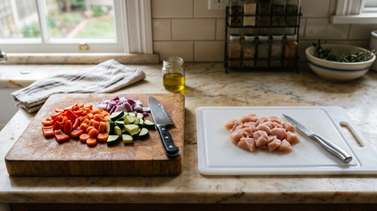 Bancada de mármore claro com duas tábuas de corte. À esquerda, uma tábua de madeira com legumes picados (pimentão, cenoura, abobrinha e cebola) e uma faca do chef. À direita, uma tábua de plástico branco com cubos de frango cru e uma faca menor, demonstrando a separação dos alimentos.