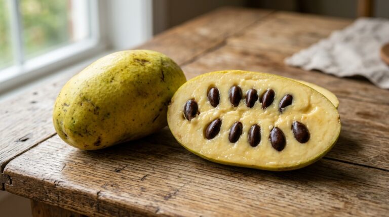 Fruta exótica cortada ao meio sobre uma mesa de madeira rústica, exibindo uma polpa cremosa amarelo-clara e grandes sementes marrons e brilhantes. Uma fruta inteira com casca verde-amarelada repousa logo atrás.