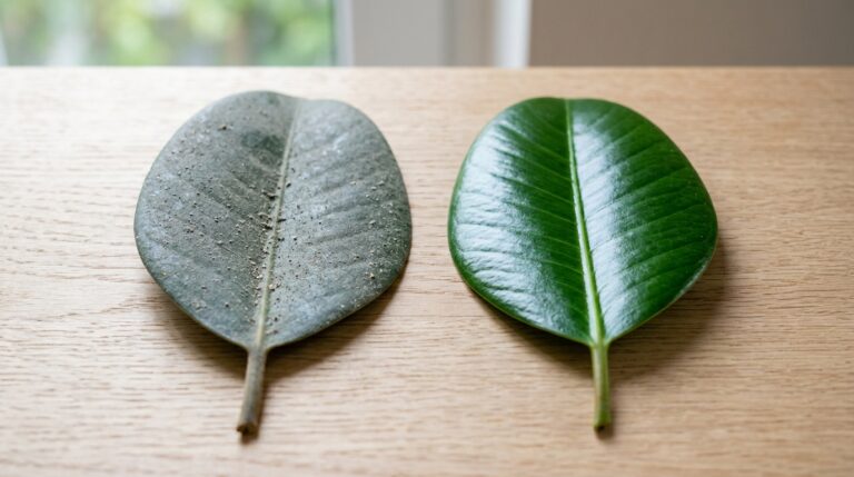 Duas folhas verdes lado a lado em uma superfície de madeira, mostrando o contraste entre uma folha opaca coberta de poeira e outra brilhante e recém-limpa.