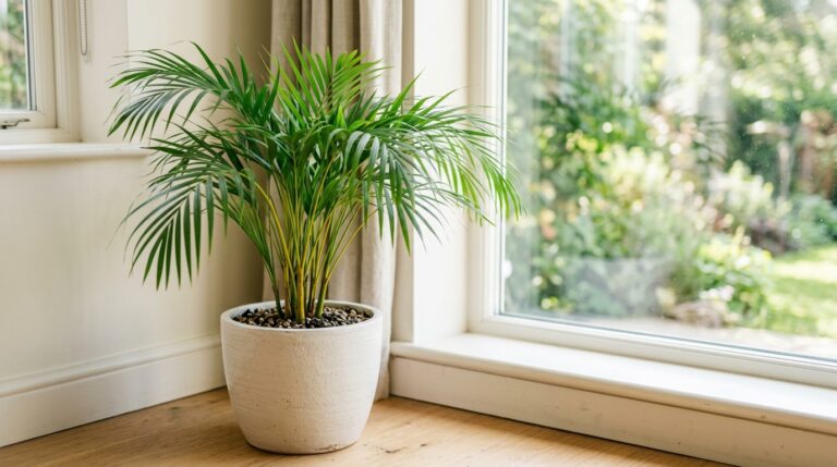 Palmeira areca-bambu plantada em um grande vaso de cerâmica branca texturizada no chão de madeira, posicionada ao lado de uma grande janela de vidro.