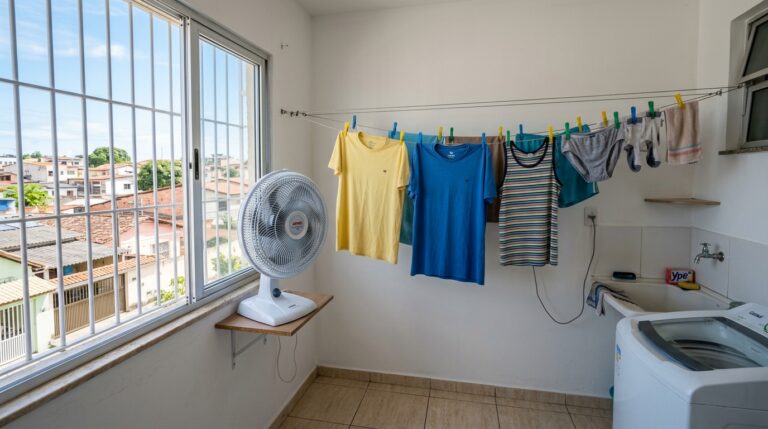 Área de serviço com grande janela aberta e um ventilador branco apontado para roupas estendidas em um varal. À direita, tanque e máquina de lavar.