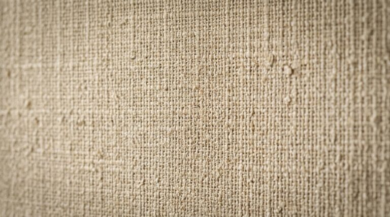 Fotografia em close-up de um papel de parede com textura de tecido rústico, semelhante a linho ou juta, em tons de bege claro. A iluminação lateral destaca as tramas cruzadas e as pequenas imperfeições naturais do material.