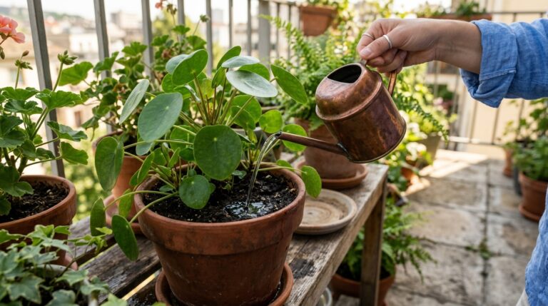 Mão segurando um regador de cobre vintage despejando uma infusão diluída de casca de banana diretamente no solo de um vaso de terracota contendo uma planta Pilea peperomioides vibrante em uma varanda ensolarada.