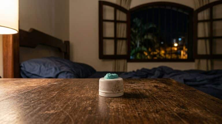 Tampa de plástico branca com marcas escuras e pasta de dente azul no topo sobre uma mesa de madeira arranhada. Ao fundo desfocado, uma cama e janela noturna.