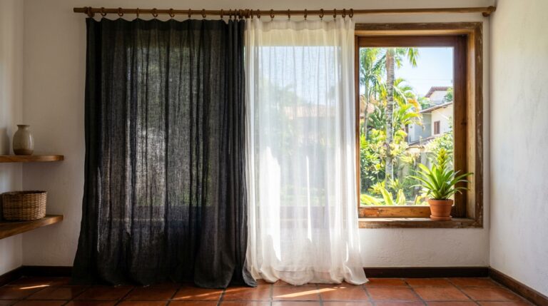 Uma janela de madeira com um varão rústico que sustenta duas cortinas contrastantes. À esquerda, um painel de tecido escuro e denso (grafite) bloqueia a luz. À direita, um painel de tecido branco e translúcido permite a entrada intensa da luz solar. O piso é de cerâmica terracota.