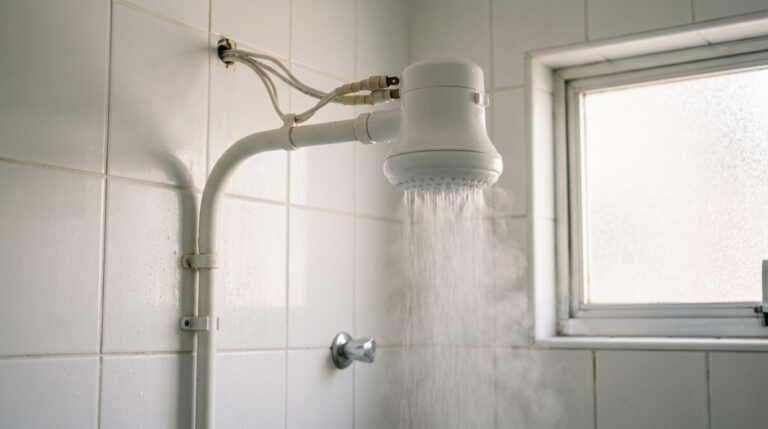 Chuveiro elétrico branco de design moderno e espalhador largo, instalado em um banheiro com azulejos beges. O equipamento está ligado, liberando bastante água e criando uma densa nuvem de vapor no ambiente.
