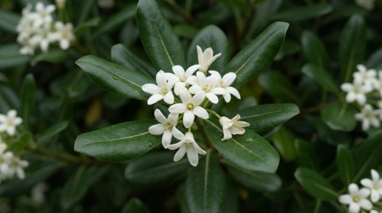 Close-up de um cacho de pequenas flores brancas em formato de estrela cercadas por folhas verdes escuras com algumas gotas de água.