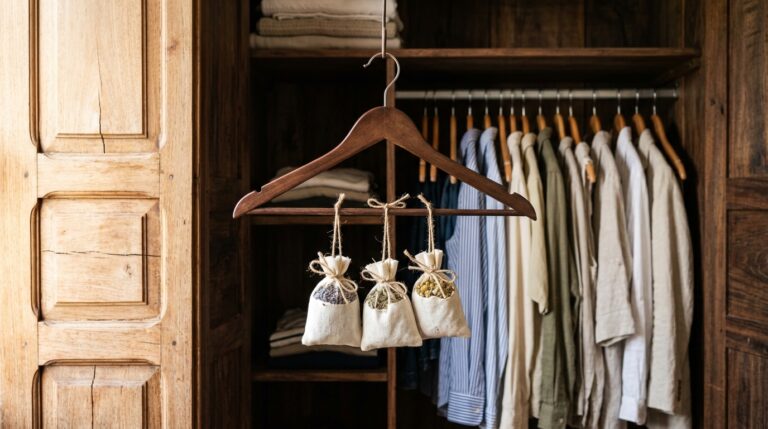 Interior de um guarda-roupa de madeira maciça. Em primeiro plano, um cabide de madeira sustenta três sachês rústicos de algodão cru preenchidos com ervas secas, amarrados com barbante. Ao fundo, peças de roupa em tons claros penduradas de forma alinhada no cabideiro.