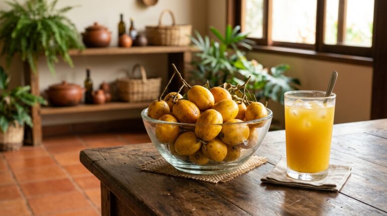 Tigela de vidro contendo cajás maduros ao lado de um copo de suco amarelo com gelo, servidos sobre uma mesa rústica de madeira em um ambiente aconchegante.