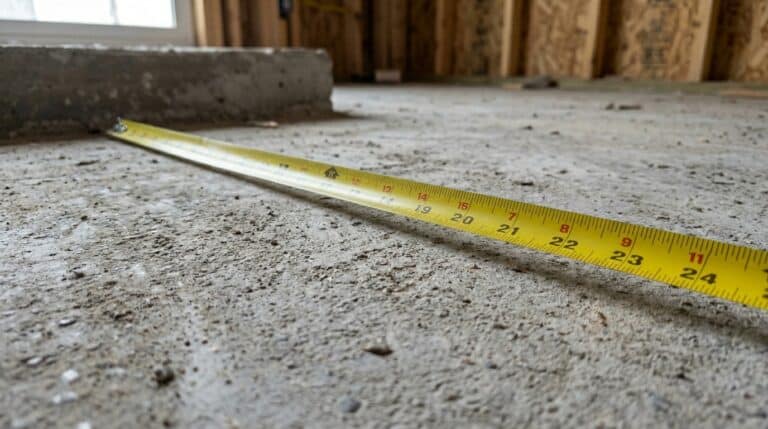 Trena amarela esticada sobre um contrapiso de concreto áspero em uma obra, medindo a superfície rústica perto de uma viga de fundação.