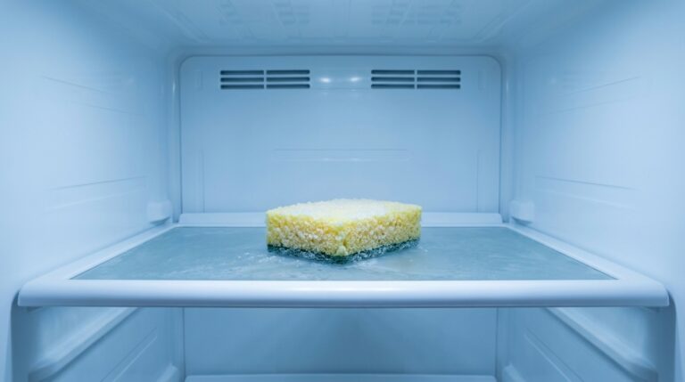 Uma esponja de cozinha clássica (face amarela para cima e verde para baixo) completamente congelada e coberta por uma fina camada de gelo, isolada sobre a prateleira de acrílico de um freezer vazio. A iluminação interna do eletrodoméstico cria uma atmosfera fria e azulada.