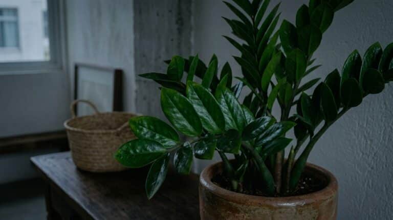 Planta Zamioculca de folhas verde-escuras e brilhantes em um vaso de cerâmica sobre um aparador de madeira em ambiente com luz suave.