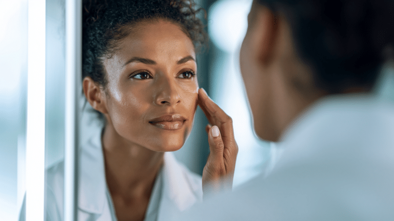 Dermatologista negra aplica creme hidratante no rosto enquanto observa a pele no espelho durante rotina de cuidados.