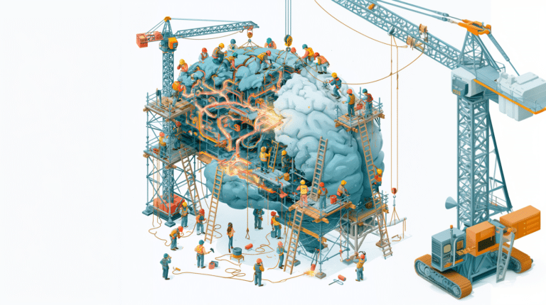 Ilustração de um cérebro sendo construído por pequenos trabalhadores em andaimes, representando a neuroplasticidade e a capacidade de adaptação cerebral.